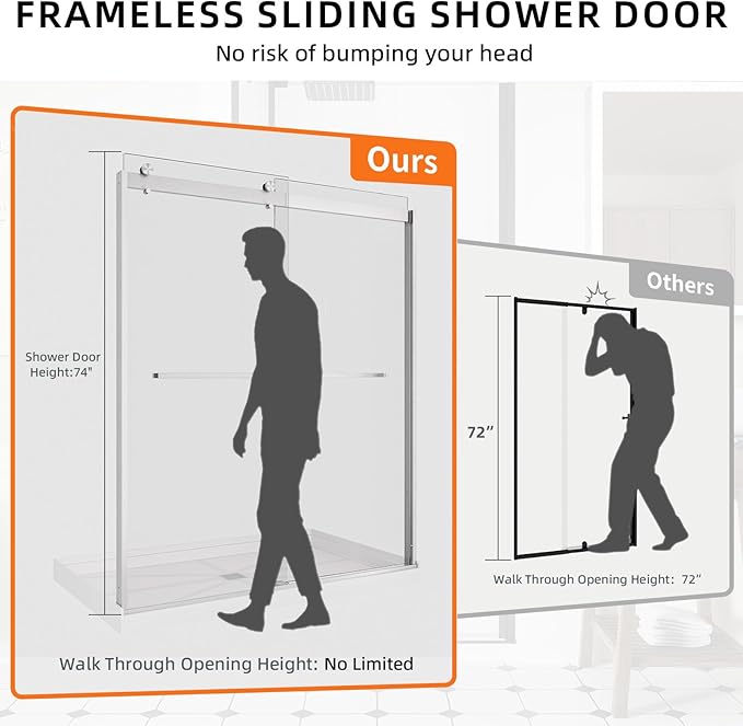 56-60" W x 74" H Frameless Shower Door, Double Sliding Shower Door with 5/16" (8mm) Clear SGCC Tempered Glass, Brushed Nickel Finish Shower Doors, Reversible Installation