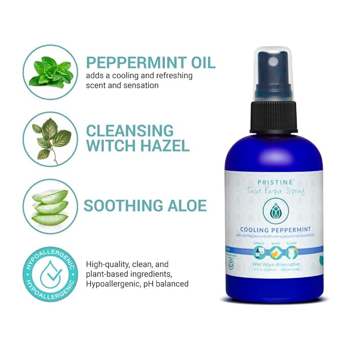PRISTINE Sprays Toilet Paper Spray, Cooling Peppermint, Flushable Wet Wipe Alternative, pH Balanced, 4 oz, 1 oz Travel Size, 32 oz Refill