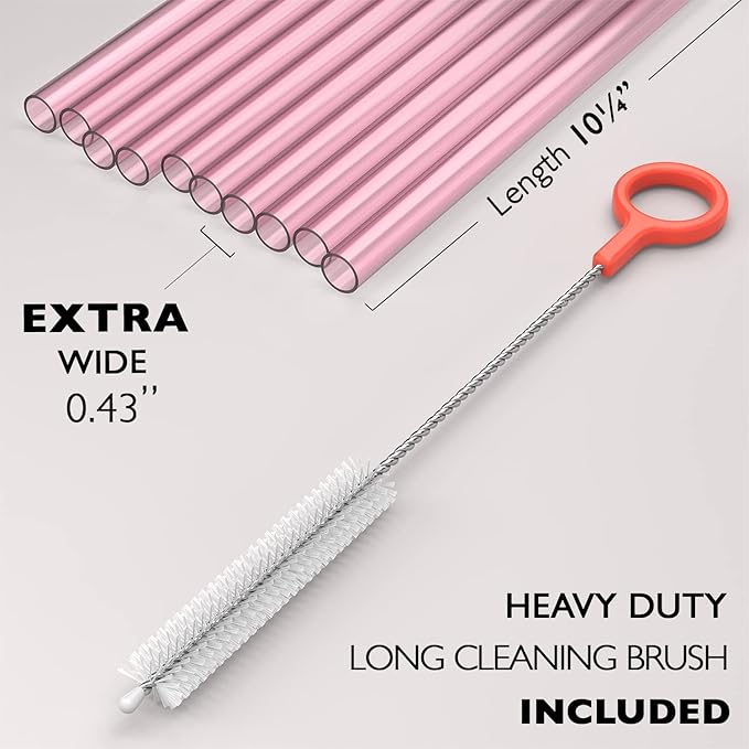 10 EXTRA WIDE Long Reusable Hard Plastic Drinking Straws + Cleaning Brush - Fat Thick Large Jumbo Straws for Smoothies and Milkshakes - Pink - Dishwasher Safe BPA Free