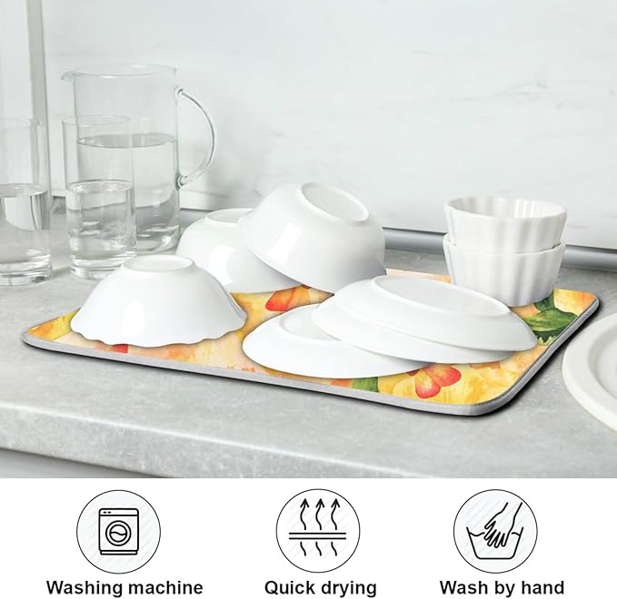 Tarity Watercolor Yellow Rose Dish Drying Mat for Kitchen Counter Absorbent Heat Resistant Microfiber Dishes Drainer Mat 18x24 in Large Dish Pad Sink Mat Protective Pad Kitchen Decor