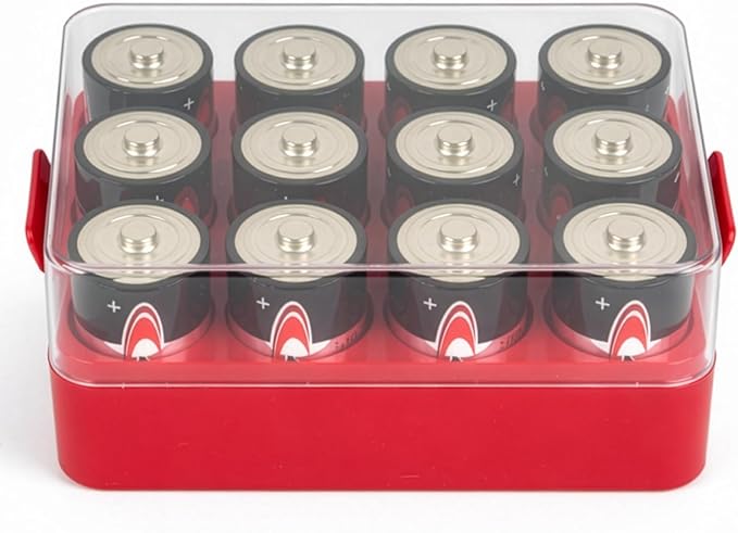 ALCYON Battery Organizer Storage Case, Battery Vault Box Container for 12pcs D Batteries, Plastic Clear Protective Battery Holder for Travelling/Home/Office (Red, Large)