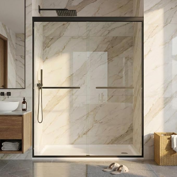 Sliding Shower Door, Fully Framed Aluminum Alloy 50"-60" x 72" Adjustable with 6mm Tempered Glass Panels, Matte Black Square Track, Space-Saving Bypass Design
