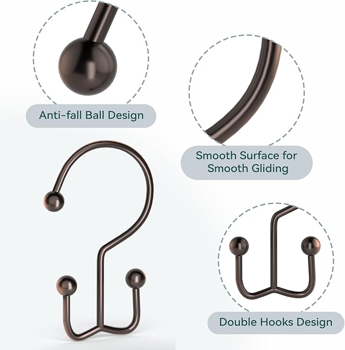 24 Pcs Shower Curtain Hooks, Goowin Shower Curtain Rings, Durable Rust Proof Black Shower Curtain Hooks, Shower Rings for Curtain, Double Glide Shower Hooks for Shower Curtain Rods, Bronze