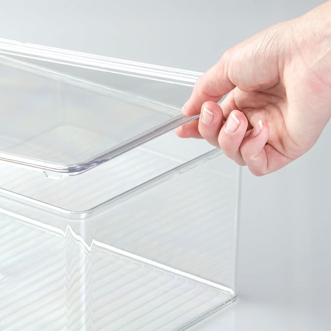 mDesign Plastic Stackable Home Office Storage Organizer Box with Hinge Lid - Holder Container Bin for Note Pads, Gel Pens, Staples, Dry Erase Markers, Tape, Supplies - Lumiere Collection - Clear
