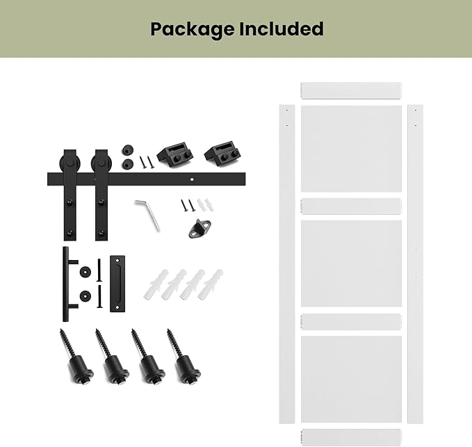 SmartStandard 30in x 84in Sliding Barn Door with 5FT Barn Door Hardware Track Kit & Handle, Waterproof PVC Surface, Pre-Drilled Holes Easy to Assemble, White, Solid, MDF, 3 Panel