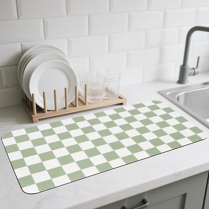 Checkered Dish Drying Mat for Kitchen Counter, Absorbent Non-Slip Coffee Mat, Heat Resistant Mat for Countertops Coffee Bar Decor 17" x 32" Green