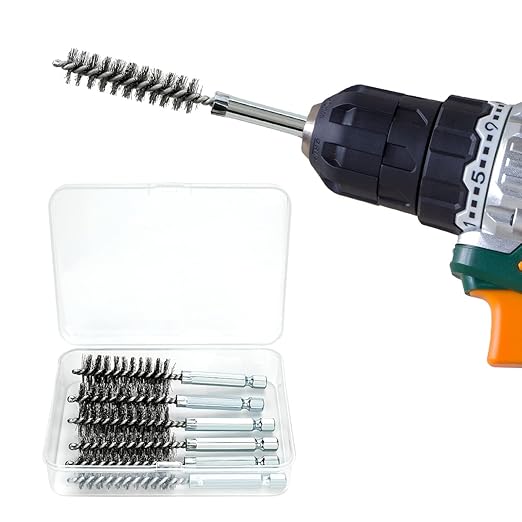 6 Pcs Stainless Steel Bore Brush Set with 1/4" Hex Shank Twisted Wire Bristles, Different Sizes (8, 10, 12, 15, 17, 19mm) for Rust and Tube Cleaning