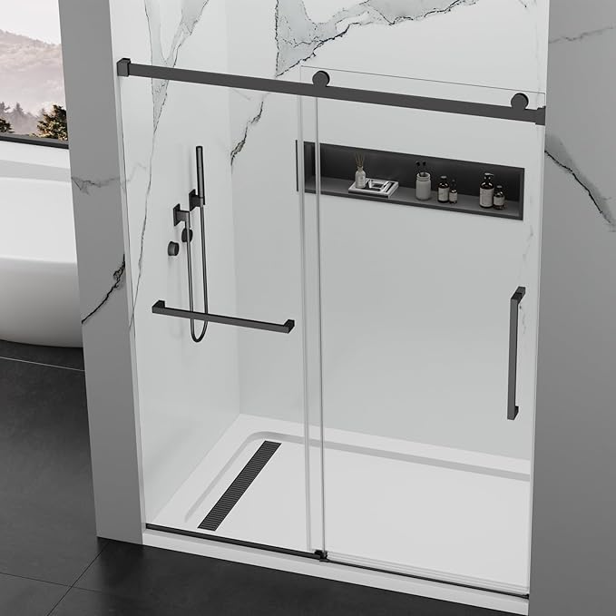 Frameless Shower Door 56-60 in. W x 76 in. H, Single Sliding Glass Door, 5/16" (8mm) Tempered Glass, Nano Coated for Easy Cleaning, Linear Design, Walk-in Bathroom Glass Door – Matte Black