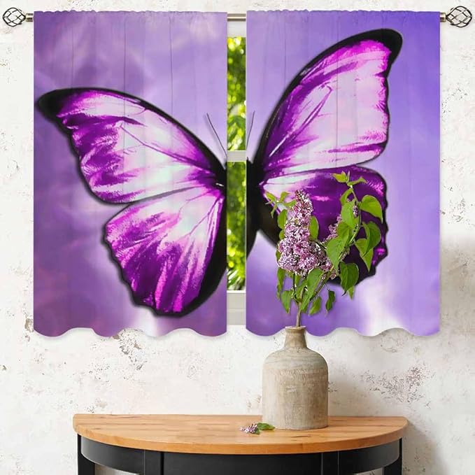 Purple Butterfly Kitchen Curtains Magical Mystical Beautiful Butterfly Short Tier Curtains for Bathroom Cafe Small Window Drapes Treatment 2 Panels (27.5x39 Inch)