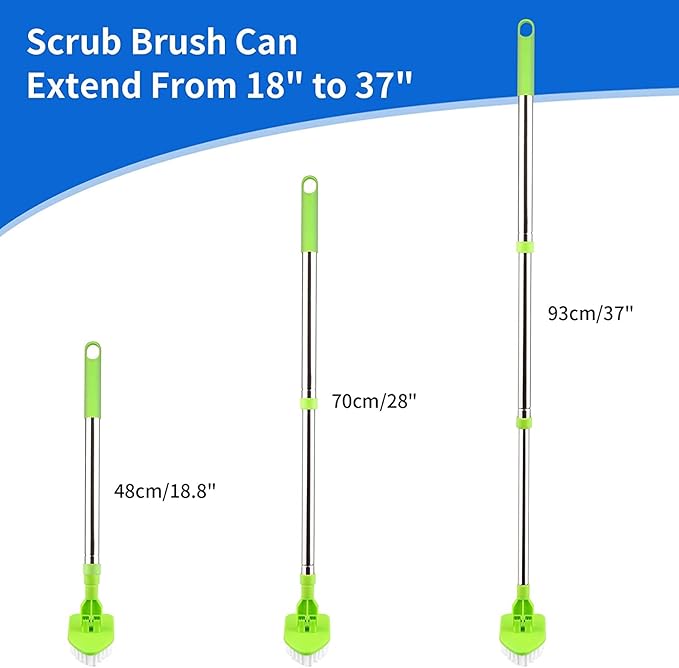 3 in 1 Scrub Cleaning Brush with Long Handle 37'', Floor Scrubber Brush Set with 1 Stiff Bristles and 3 Sponge Brush for Cleaning Bathtub Shower