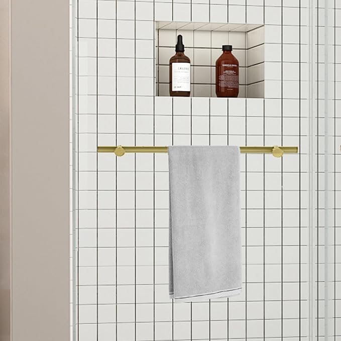 Sunrosa Frameless Double Sliding Shower Door 56 1/8-60" W x 76" H, 5/16" (8mm) Thick Easy-Clean Tempered Glass, Soft-Close Adjustable Shower Door with Towel Bar, Brushed Gold Finish