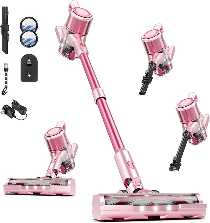 Cordless Vacuum Cleaner, 8 in 1 40Kpa 55Mins,Lightweight Vacuum Cleaners for Home, Stick Vacuum with Anti-Tangle Brush,Wall Mount, Rechargeable Cordless Vacuum for Floor/Sofa/Pet Hair,Pink