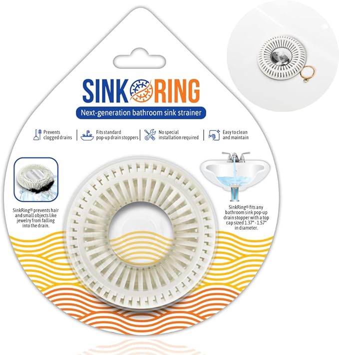 Bathroom Sink Hair Catcher for Pop-Up Drain – SinkRing 1.57" Precision Strainer for Bathroom Sink Drains | Clog-Free Hair Trap for Contacts, Earrings, Jewelry | No Suction or Screws – White