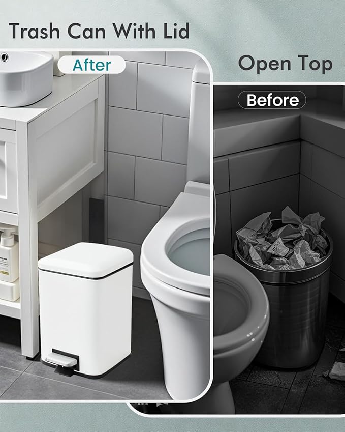 Bathroom Trash Can with Lid, 6 Liter / 1.6 Gallon Small Trash Can with Removable Liner Bucket, Soft Close lid & Step Pedal, White Stainless Steel Garbage Can for Bedroom, Office, Dorm