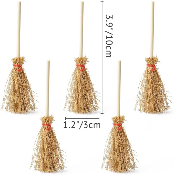 Odoria Dollhouse Straw Broom Miniature - 1/12 Scale Broomstick for Fairy Garden - Mini Witch Broom Decorative Craft - Tiny Besom Rustic for Halloween Thanksgiving Festival 5Pcs