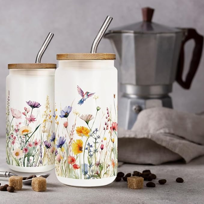 Floral Iced Glass Cups with Bamboo Lids and Straws 16oz Wildflower Bible Coffee Cup Gift for Women Butterfly Flower Drinking Glass with Cleaning Brushes, Flower Gifts for Mother Bridesmaid Party