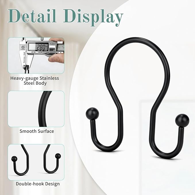 Goowin Shower Curtain Hooks, 12 Pcs Shower Curtain Rings, Stainless Steel Shower Curtain Hangers, Black Shower Curtain Hooks Rings Rust Proof, Minimalist Shower Hooks for Shower Curtain, Black
