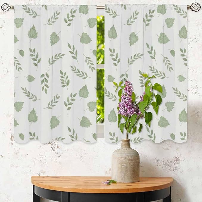 Green Botanical Kitchen Curtains Watercolor Green Leaves and Branches Nature Short Tier Curtains for Bathroom Cafe Small Window Drapes Treatment 2 Panels (27.5x39 Inch)