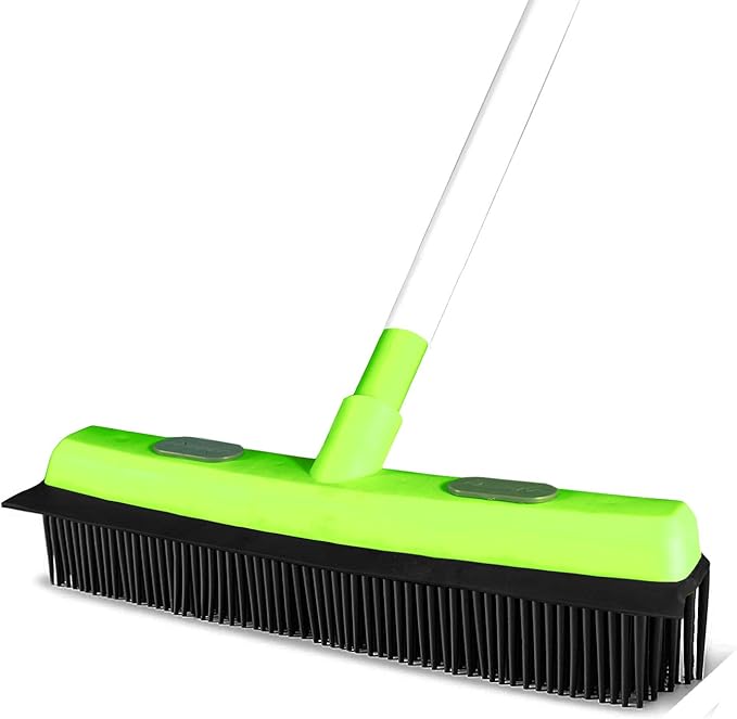 Guay Clean Rubber Push Broom Pet Hair Fur Removal Soft Bristle Sweeper for Carpet and Floor, Squeegee and Grommet for Pads and Towels -Telescopic Pole up to 50 Inches - Green