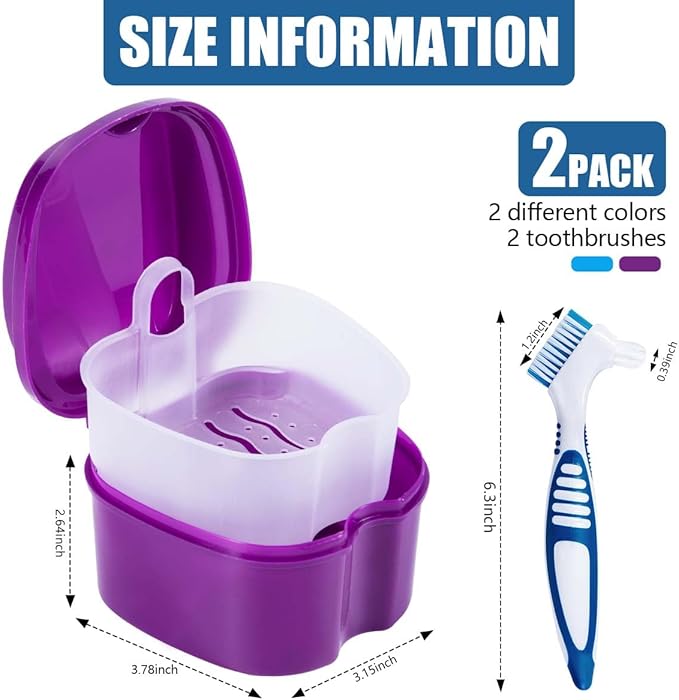 2 Pack Denture Bath Case Cup Box Holder Storage Container with Denture Cleaner Brush Strainer Basket for Travel Cleaning (Light Blue and Purple)