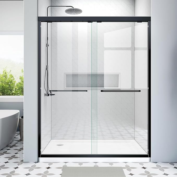 Shower Doors Glass Sliding 60 inches,56-60'' W x 72''H Matte Black Semi Frameless Bathroom Door,Double Sliding Shower Screen for Walk in with Clear SGCC/ANSI Tempered Glass Stainless Steel Handles