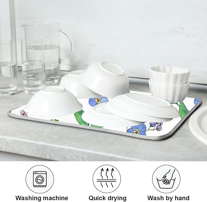 Blue Forget-me-not Flowers Dish Drying Mat for Kitchen Counter 18x24 inch Super Absorbent Drying Mat Large Dish Drying Mats for Kitchen Countertop Protector Dishes Pad