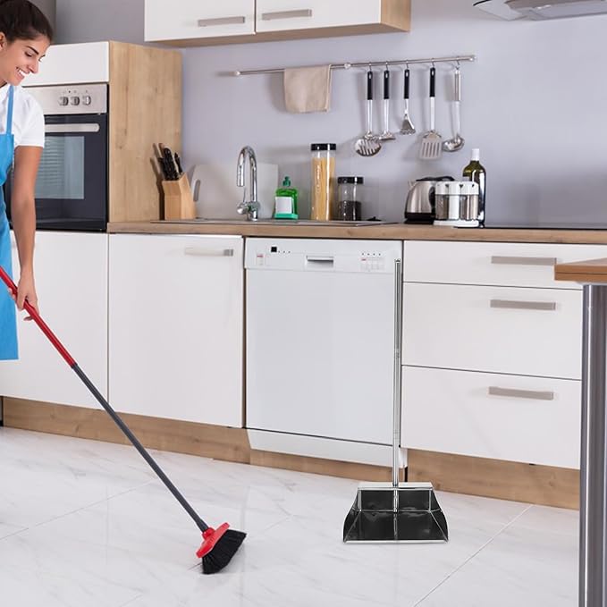 Lurrose Stainless Steel Dustpan with Long Handle Upright Garbage Shovel for Home Cleaning Large Capacity Ergonomic Design