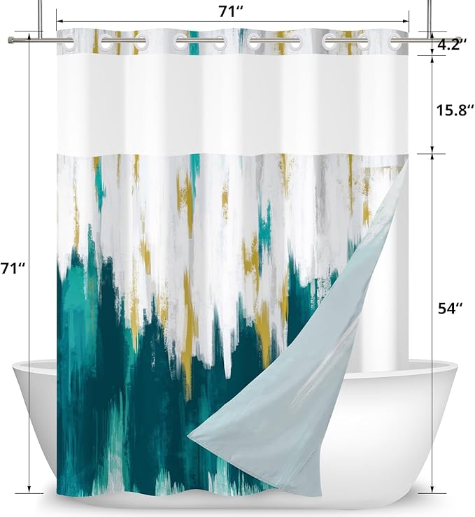 No Hook Shower Curtain with Snap in Liner, Hotel Style Blue White Mix Gold Brush Strokes Art Modern Shower Curtain Waterpoof Washable with See Through Top Window,71"x71"