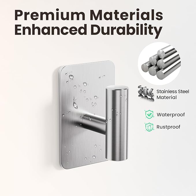 Silver Hooks for Hanging Heavy Duty, Wall Hooks for Shower, Bathroom, Towel, Coat, Robe, Waterproof & Rustproof Adhesive Hooks, Sticky Towel Hooks for Walls No Damage- 2 Pack