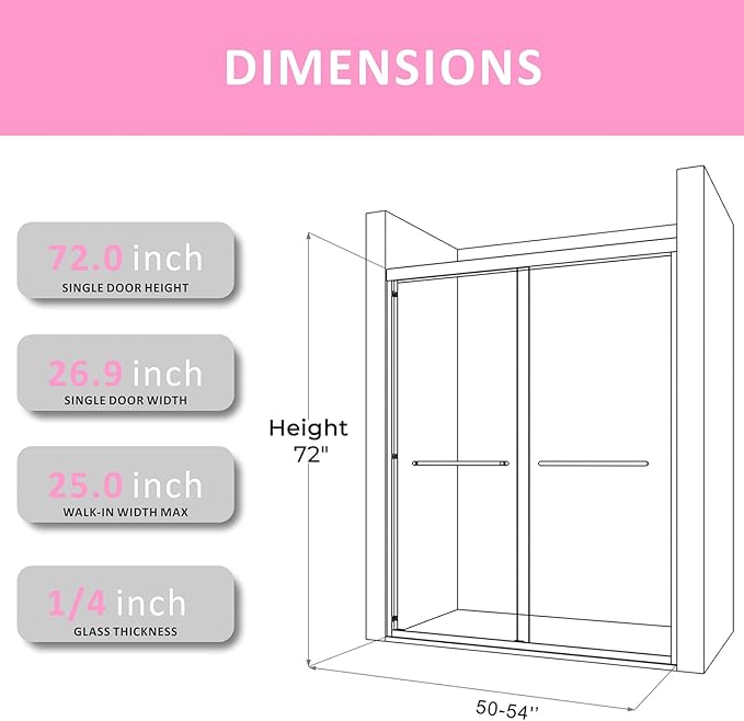 Chrome Shower Glass Door 50-54'' x 72'',Splash-Proof Adjustable Stainless Steel Rails Semi-Frameless Door Design,SGCC/ANSI Certified Clear Tempered Glass for Bathroom