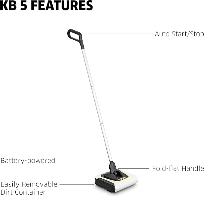 Kärcher KB 5 Electric Floor Sweeper Broom, for Carpets, Hardwood Floors and Tiles, Lightweight and Cordless, Ideal for Fur, Hair, Dirt & Dust - White