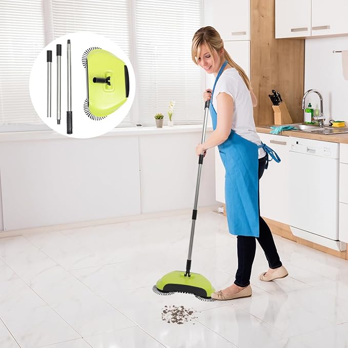 Manual Push Floor Sweeper Broom, Hand Push Sweeper with Enclosed Dustpan Bin, 3‑in‑1 360° Rotating Floor Cleaning Brush Mop Machine Adjustable Handle Vacuum‑Free for Tile Hardwood Carpet Green