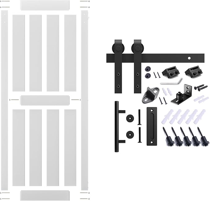 34''x80'' Sliding Barn Door with 6 Ft Barn Door Hardware Kit& Handle& Floor Guides,Pre-Drilled Holes Easy Assembly - Include Installation Manual, Water-Proof PVC Surface, H-Frame, White