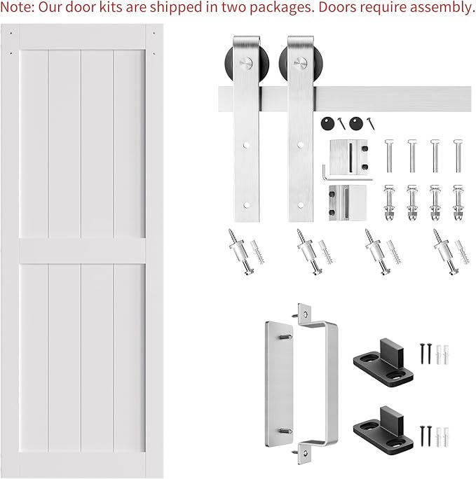 SmartStandard 30 x 84 inch White Sliding MDF Barn Door with 5FT Brushed Nickel Sliding Door Hardware Kit & Handle, Pre-Drilled Ready to Assemble, Waterproof PVC Coating, H-Frame