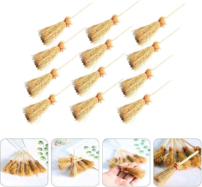 5Pcs Mini Witch Brooms for Dollhouse, Handmade 1:12 Scale Broomstick Set, Fairy Cottage Display and Cosplay Props