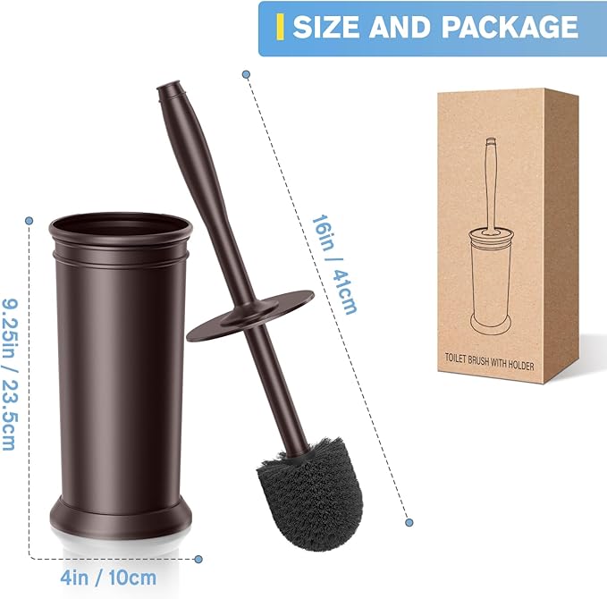 UPTRONIC Toilet Brush, Aluminum Alloy Toilet Brush and Holder Set with Long Handle Durable Bristles Toilet Bowl Brush and Covered Holder for Toilet Scrubber for Bathroom Cleaning (2Pcs Dark Brown)