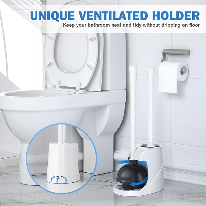 Toilet Plunger and Brush with Holder, Bowl Brush and Heavy Duty Toilet Plunger Set for 5.7-inch Toilet Drain, 2-in-1 Bathroom Cleaning Combo with Modern Caddy Stand (White)