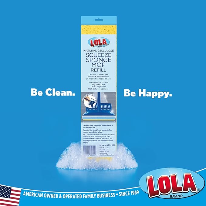 LOLA Squeeze Sponge Mop Refill, 6 Pack, w/Foam & Natural Cellulose Layer, Absorbs and Wicks Moisture, only Fits LOLA Sponge Mop, 9" Head