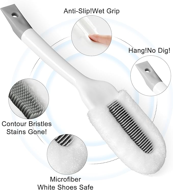 for Sneakers & Boots - Ergonomic Scrubber with Hanging Hook, Gentle Cleaner for Leather, White Soles and Mesh Shoes