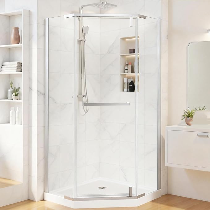 36" D x 36" W x 72" H Neo-Angle Frameless Shower Door, 1/4” (6MM) SGCC Tempered Glass with Explosion-Proof Film and Nano Coating, Brushed Nickel Stainless Steel Frame