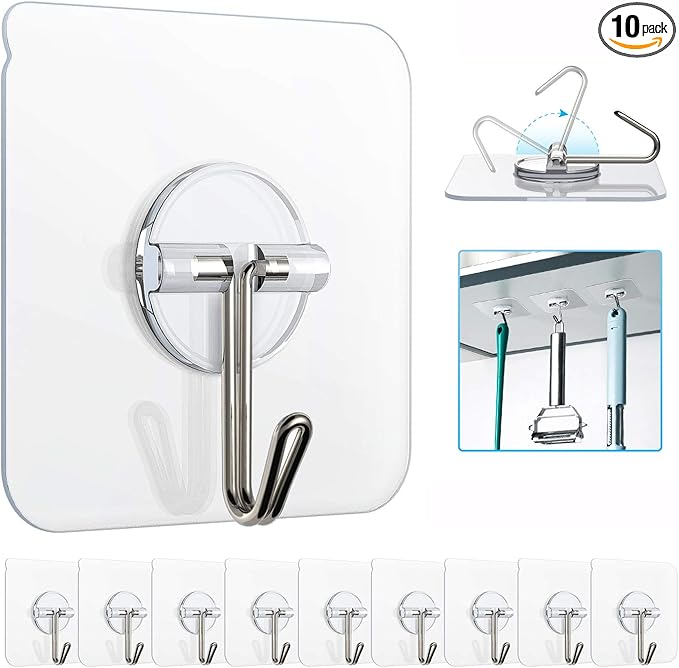 Adhesive Hooks Removable Wall Hooks 13 LB Ceiling Hook Transparent Seamless Waterproof and Oil Proof for Cabinet Kitchen Bathroom Ceiling Office Window 10 Pack