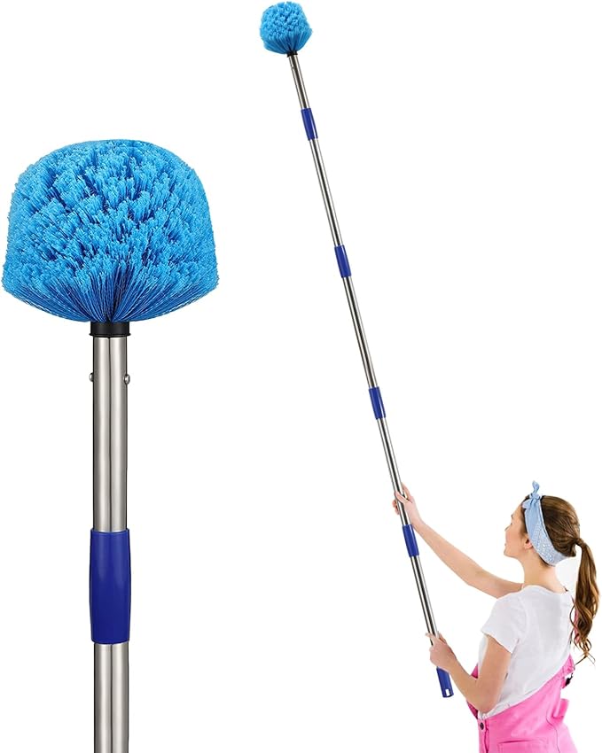 Cobweb Duster with Extension Pole, 10 FT Stiff Bristles Duster Head with Adjustable Stainless Steel Handle, Lightweight High Ceiling Brush Cleaner for Outdoor Indoor
