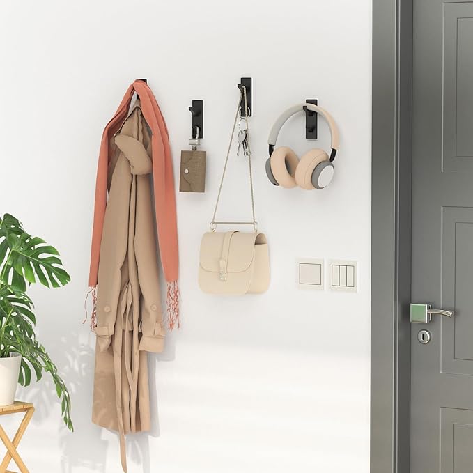 Black 6 Pack Aluminum Coat Hooks, Heavy Duty Self Adhesive Hooks for Hanging, 13LB Capacity, Bathroom Towel Shower Kitchen Door Hooks, 6 Pack