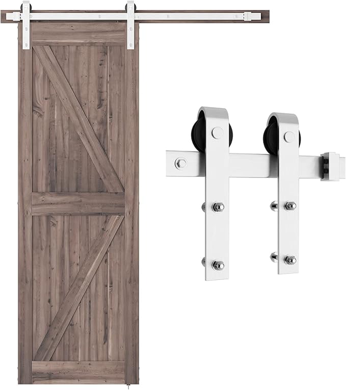 SMARTSTANDARD 5 Feet Brushed Nickel Barn Door Hardware Kit-Heavy Duty Sliding Track-Smoothly and Quietly-Easy to Install-Fit 30" Wide Door Panel (J Shape Hanger)