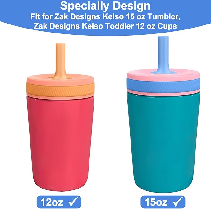 XANGNIER Replacement Straws and Bite Valve Compatible with Zak Designs Kelso 15 oz Tumbler Water Bottle,4 Pcs Reusable Silicone Straws with Cleaning Brush for Zak Designs Kelso 12 oz Cups