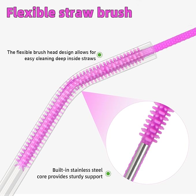 Silicone Straw Cleaner Brush, 4-Piece Reusable Straw Brush Set with Extra-Long Design for Cleaning Thin Metal Straws and Wider Milkshake Straws （6mm+9mm Purple)