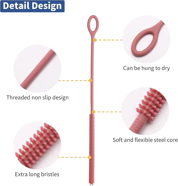 Silicone Straw Cleaner Brush, 2Pcs Reusable Straw Brush Extra Long for Cleaning Tumbler with Handle and Glass Metal Smoothie Straws, Non-slip Handle Soft and Bendable, 6mm+9mm, Pink