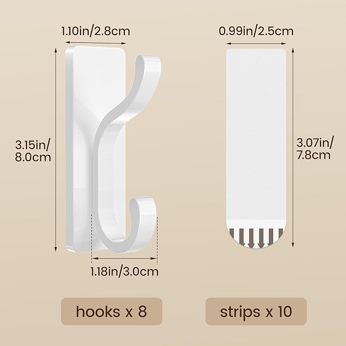 pickpiff Wall Hooks with Adhesive Strip - Easy to Remove, No Residue, Strong Heavy Duty Sticky Towel Hook, 8 Pack White