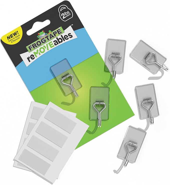 FrogTape reMOVEables Damage Free Adhesive Hook - Removable & Reusable Medium Wire Wall Hooks for Hanging - No Nails- Includes 6 Hooks & 8 Adhesive Strips, Holds up to 2 lbs, Clear (Pack of 6)