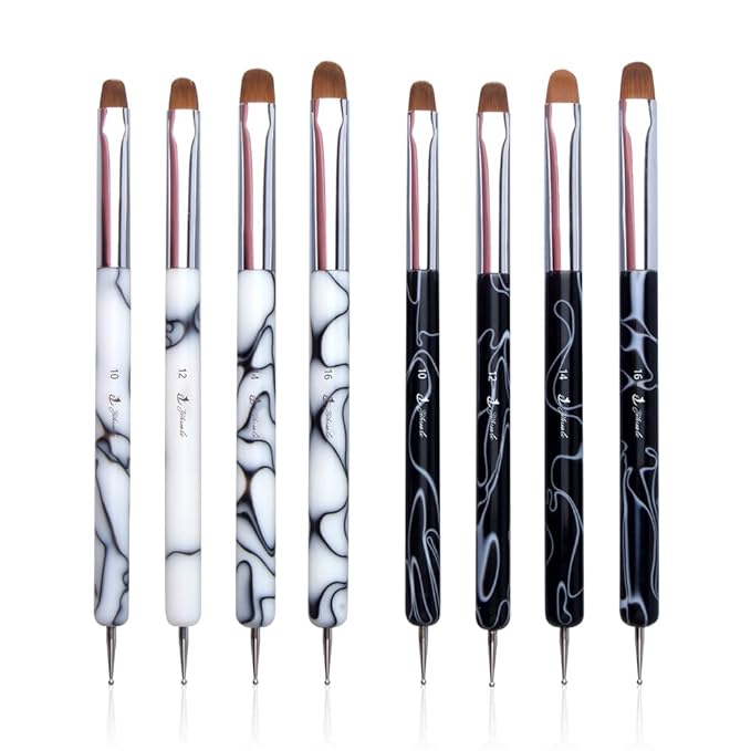 French Nail Brush, YIHUALE 2 Way French Gel Acrylic Nail Art Kolinsky Brush With Dotting Tool for Professional Manicure Cuticle Clean Up Nail Art Design- White And Black 8# (8#, Black and White)